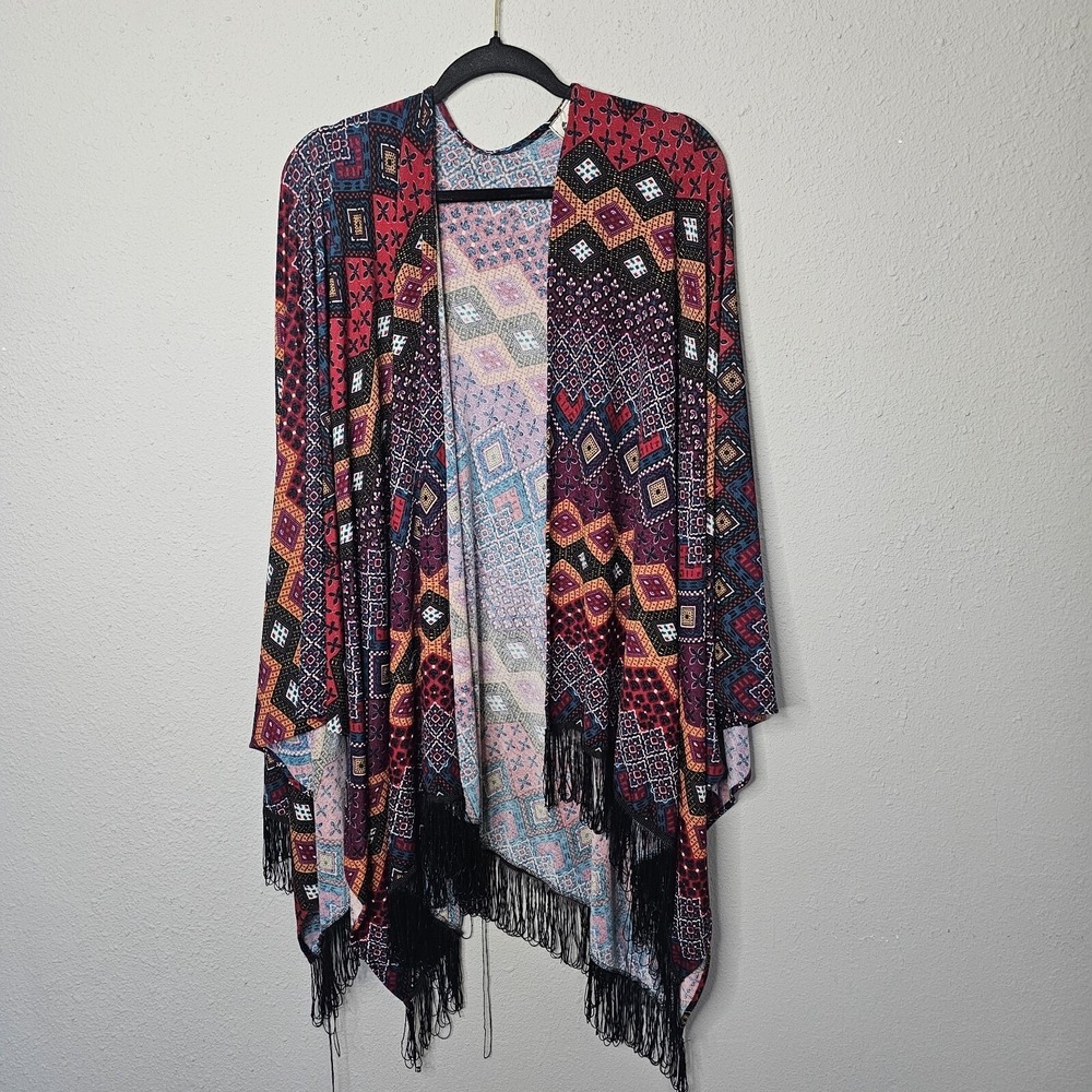 L&B Western Boho Geometric Fringe Kimono Cardigan Red Purple One Size Festival